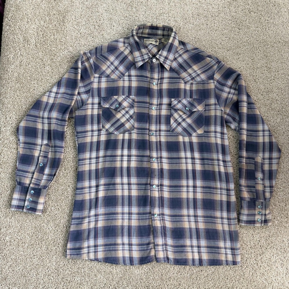 Roebucks Shirt Mens Large Blue Plaid Long Sleeve Western Snap Button Up Flannel